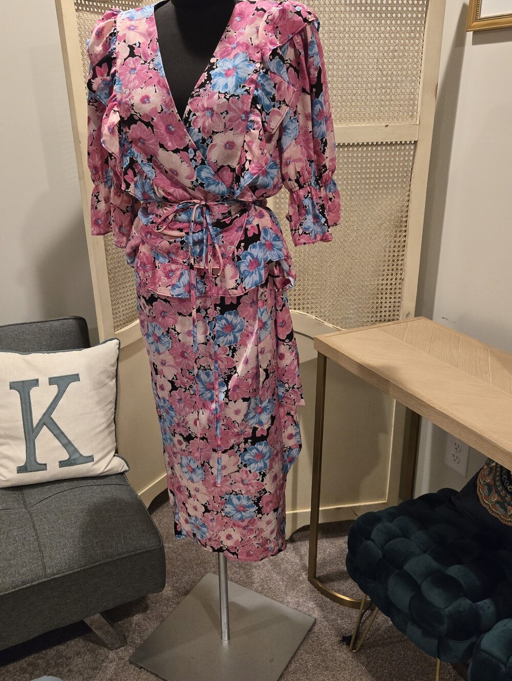 Floral Wrap Midi Dress in Pink and Blue